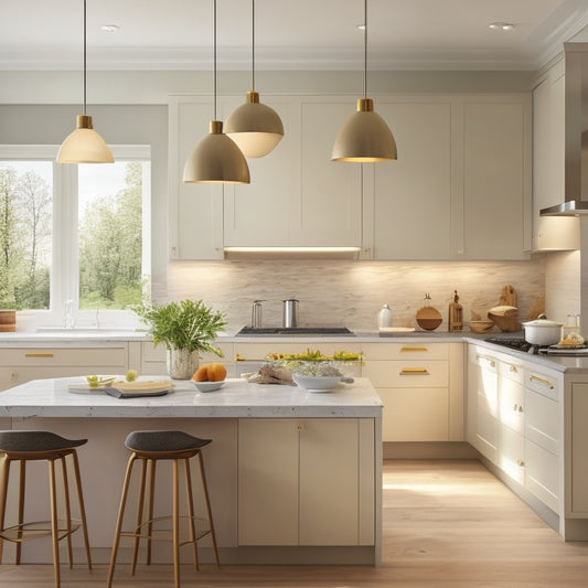 A modern kitchen with sleek, handle-less cabinets in a light gray tone, a large kitchen island with a built-in sink and cooktop, and a pendant light above, set against a warm, creamy background.