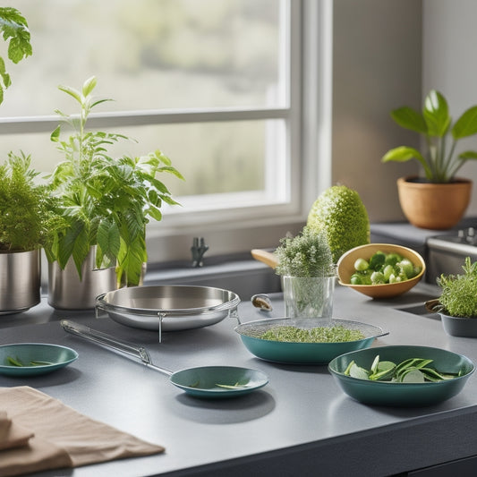 A modern kitchen countertop featuring a sleek, stainless steel non-slip dish drainer, showcasing securely placed dishes and glasses, with vibrant green plants in the background, highlighting stability and style in a clean, organized setting.