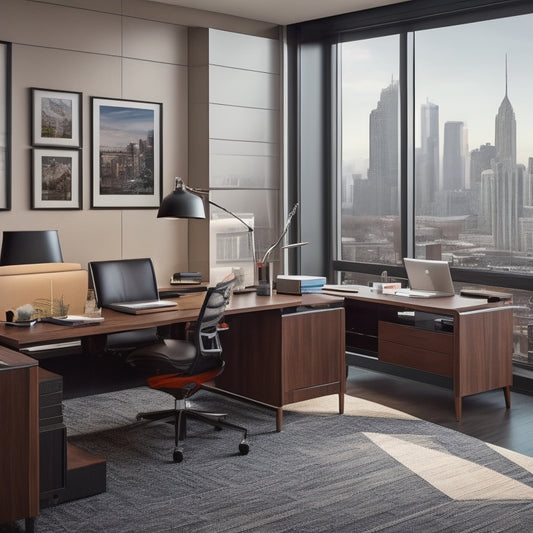 A modern office space with sleek wooden desks, ergonomic chairs, and a large window with a cityscape view, featuring a Sam's Club printer as the centerpiece, surrounded by neatly organized papers and office supplies.