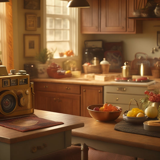 A warm, golden-lit kitchen with a vintage film camera and a laptop open to a video editing software, surrounded by nostalgic family photos and cherished mementos, with a subtle sparkle effect.