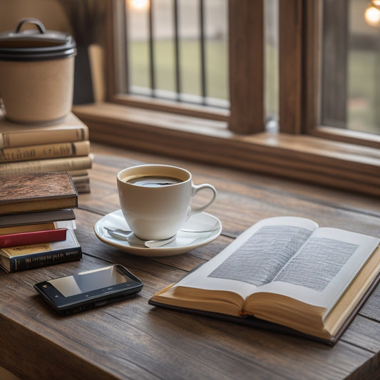 An e-reader lies open on a cozy reading nook's wooden table, surrounded by scattered pages and steaming coffee, with a small laptop in the background displaying a Payhip webpage.