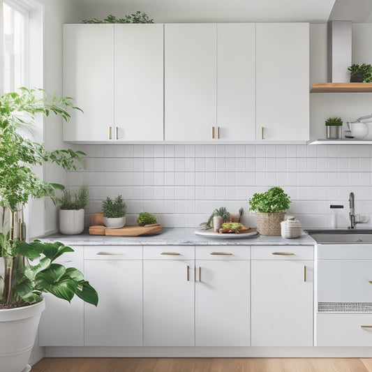 A tidy, all-white kitchen with a few, strategically-placed stainless steel appliances, a single, potted green plant on the counter, and a minimalist utensil holder on the wall.