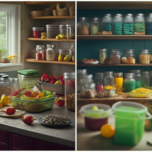 A split-screen image featuring a cluttered, dirty kitchen with mismatched, worn-out containers versus a tidy, organized kitchen with a set of clear, airtight, and color-coded meal prep containers.