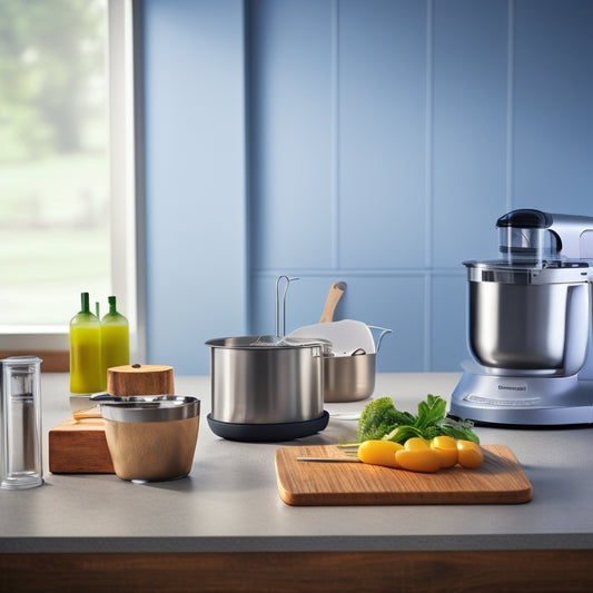 A stainless steel kitchen counter with a chef's knife, sharpener, and cutting board at the center, surrounded by a commercial stand mixer, immersion blender, and a stack of white plates.