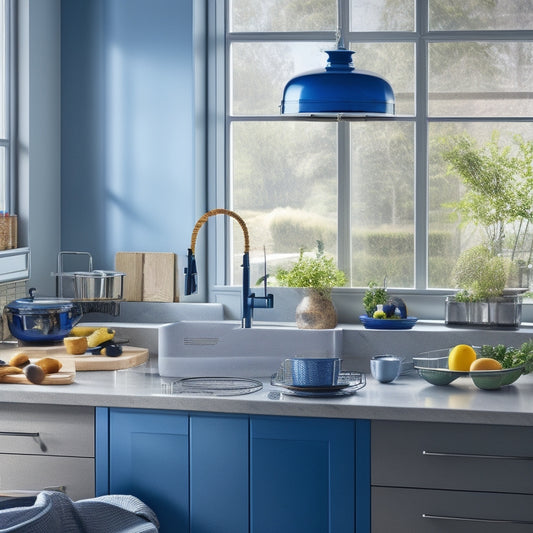A sleek, modern kitchen countertop featuring a shiny adjustable dish drainer rack, with varying heights and widths, elegantly holding colorful dishes, pots, and utensils, with natural light streaming in through a nearby window.