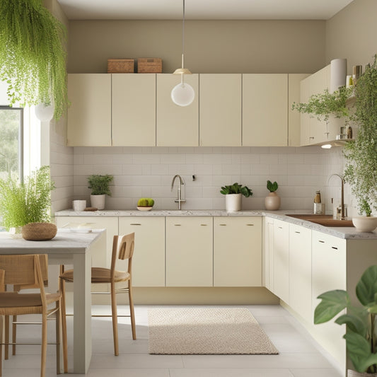 A serene, well-lit kitchen with sleek, minimalist cabinetry, a clutter-free island, and a few, carefully-placed, lush green plants, surrounded by a subtle, warm beige color scheme.