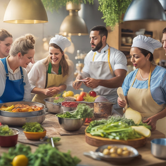 A bustling kitchen scene with diverse young chefs in white aprons, enthusiastically handling meat, utensils, and cookware, surrounded by vibrant vegetables, herbs, and a warm, golden lighting.