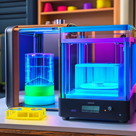 A 3D printer with a transparent enclosure, surrounded by spools of PETG filament in various colors, with a few printed objects and a temperature-controlled chamber in the background.