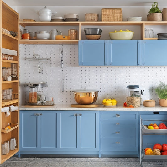 A bright, modern kitchen with sleek cabinets, pull-out shelves, and cleverly concealed storage solutions, featuring a pegboard with hanging utensils, a spice rack, and a built-in trash can.