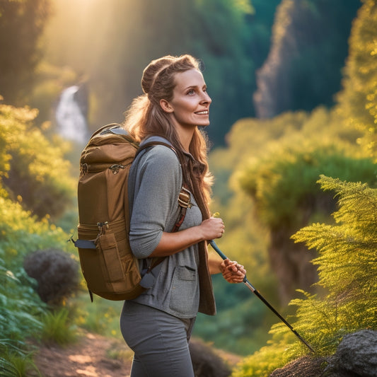 A strong, empowered woman stands in a wilderness landscape, surrounded by lush greenery, with a backpack and walking stick, gazing upward with determination and a hint of a smile.