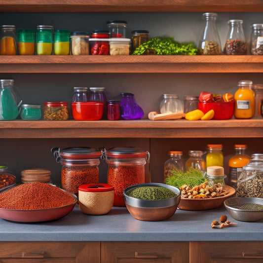 A beautifully organized kitchen featuring a wooden Lazy Susan filled with colorful spices, jars of snacks, and neatly arranged utensils, all set against a bright countertop with fresh herbs in a small pot.