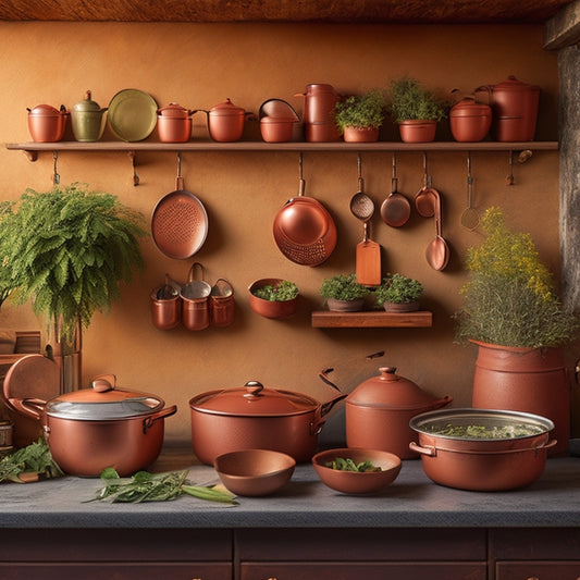 A rustic kitchen with a wooden wall-mounted rack displaying an array of gleaming copper pots and pans, surrounded by herbs in terracotta pots, vintage utensils, and warm, ambient lighting.