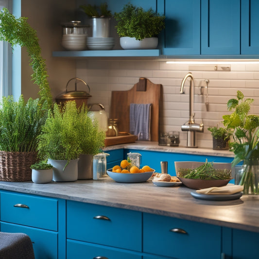A cozy kitchen scene showcasing sleek, battery-operated under-cabinet lights illuminating a stylish countertop with fresh herbs, colorful kitchenware, and a modern backsplash, creating a warm and inviting atmosphere for renters.