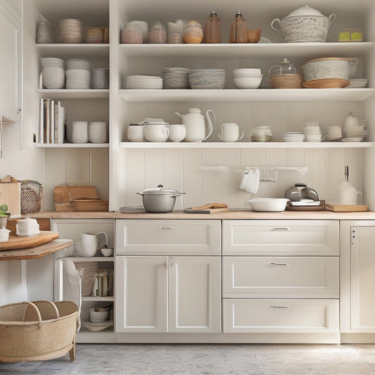 A serene kitchen interior with opened cabinets revealing organized contents, including stacked white plates, a utensil organizer, and a few cookbooks standing upright, against a soft, creamy background.
