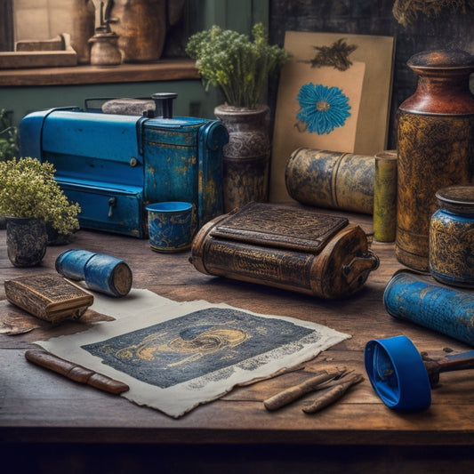 A rustic wooden table cluttered with printmaking tools: ink-stained brayers, crumpled paper sheets, and a vintage etching press, surrounded by vibrant, swirling patterns of handmade prints.
