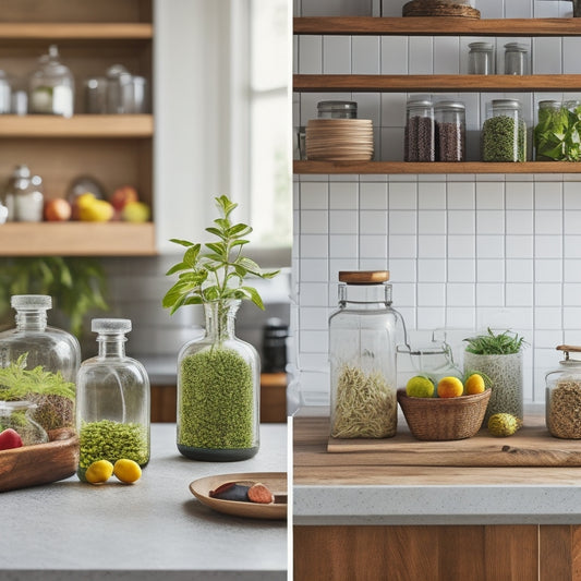 A modern open kitchen featuring sleek wooden countertops adorned with elegant glass jars, minimalistic canisters, and decorative trays. Soft, natural light illuminates fresh herbs and vibrant fruits, creating a harmonious and inviting atmosphere.