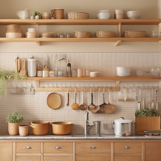 A clutter-free kitchen with a mix of open and closed storage: wooden cabinets, stainless steel shelves, woven baskets, and a pegboard with hanging utensils, set against a warm beige background.