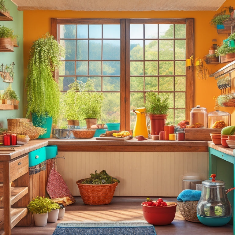 A cheerful kitchen scene featuring an over-the-door storage rack filled with colorful spice jars, hanging pots, and kitchen utensils, surrounded by a bright window, potted herbs, and a cozy wooden table.