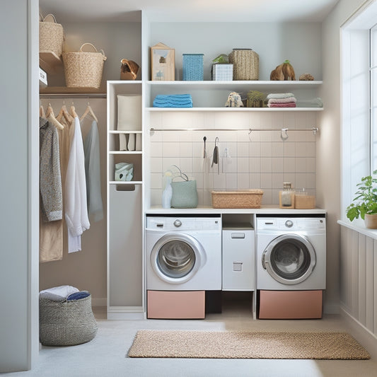 A tidy, well-lit, and minimalist laundry room with three custom storage solutions: a slide-out shelf for laundry supplies, a hanging organizer for cleaning tools, and a built-in nook for a ironing board.