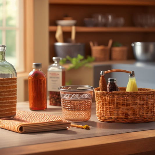 A tidy kitchen counter with a wooden utensil organizer, three glass spice jars, a chrome standing desk organizer, and a woven basket filled with cookbooks, against a warm beige background.