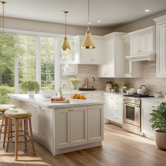 A serene, modern kitchen with sleek, cream-colored cabinets, warm hardwood floors, and a stunning island with a built-in cooktop, surrounded by lush greenery and soft, golden lighting.