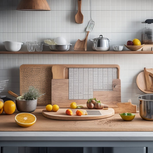 A bright, modern kitchen with a large, wooden cutting board at its center, surrounded by utensils and ingredients, and a subtle grid of lines in the background, resembling a cheat sheet.