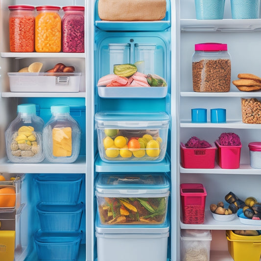 A colorful, clutter-free fridge shelf with neatly arranged snack containers, baskets, and dividers, showcasing a before-and-after transformation with a messy, overflowing shelf in the background.