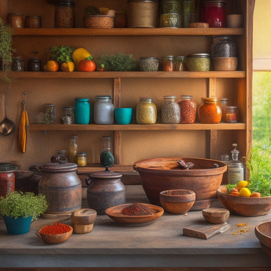 A rustic kitchen with open wooden shelves displaying an array of colorful spice jars, neatly labeled. Fresh herbs in pots and a wooden mortar and pestle add warmth, complemented by soft natural light streaming in.