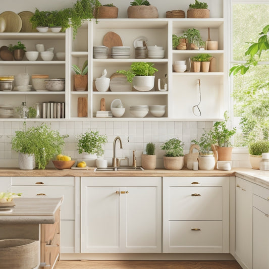 A bright, airy kitchen with cream-colored walls, featuring open wooden shelves displaying decorative ceramics, cookbooks, and a few potted green plants, amidst sleek white countertops and modern appliances.