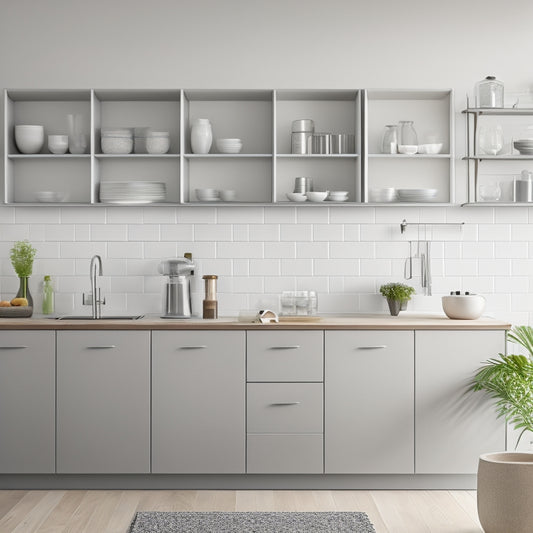 A minimalist kitchen with sleek, handle-less cabinets in a soft gray tone, paired with a wall-mounted shelving unit and a stainless steel kitchen cart with a built-in utensil organizer.