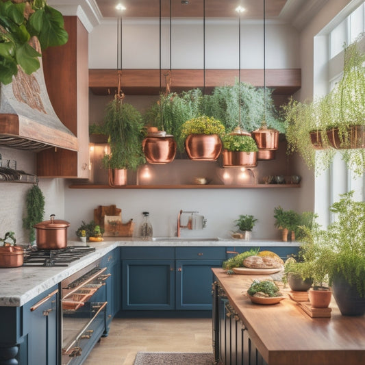 A spacious high-ceiling kitchen featuring a sleek, modern ceiling pot rack filled with gleaming copper pots and pans, surrounded by vibrant herbs in hanging planters, with warm light cascading from an elegant chandelier above.