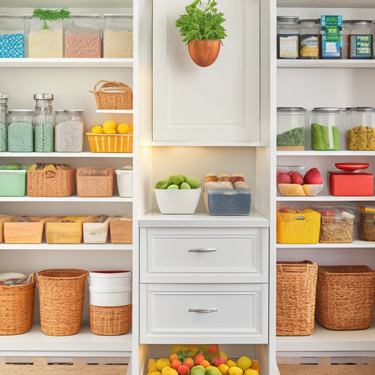 A bright, organized pantry with crisp, white shelves, featuring custom Cricut labels in various shapes, colors, and fonts on jars, baskets, and containers, surrounded by fresh fruits and greenery.
