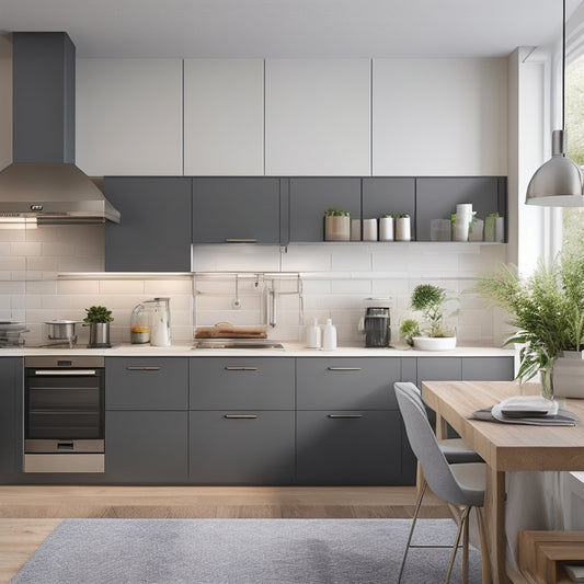 A tidy, modern kitchen with a compact layout, featuring a wall-mounted pot rack, a foldable kitchen island, and a utensil organizer on the side of a cabinet, surrounded by minimal yet stylish decor.