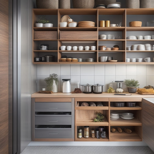 A sleek kitchen with modern cabinetry, showcasing roll-out trays filled with organized utensils and spices. Soft lighting highlights the smooth wood finish, while a hand reaches to effortlessly slide a tray out.