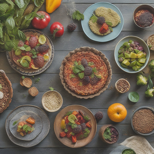 A vibrant, overhead shot of a beautifully styled table setting, featuring an assortment of plant-based, gluten-free dishes, including a quinoa salad, roasted vegetable tart, and a fruit platter, set against a natural wood backdrop.