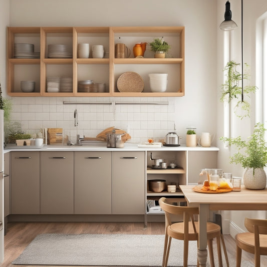 A clutter-free small kitchen with a wall-mounted foldable table, a retractable drying rack, and a pull-out spice rack, surrounded by sleek, minimalist cabinets and a compact kitchen island.