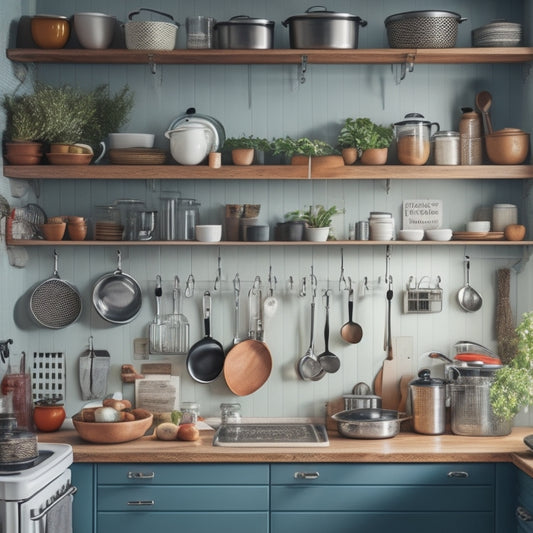 A cluttered apartment kitchen with pots and pans overflowing from cabinets, contrasted with a tidy kitchen featuring a pegboard with hanging utensils, a pull-out spice rack, and a cart with labeled baskets.