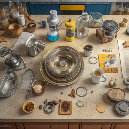A messy kitchen countertop cluttered with various Whirlpool SBS 2006 Collection appliance parts, tools, and diagrams, with a worn, open repair manual in the center, surrounded by coffee cups and scattered notes.