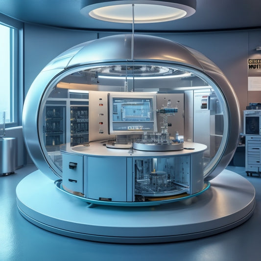 A futuristic laboratory workstation with a sleek, silver, and glass design, featuring a large, circular, temperature-controlled chamber at its center, surrounded by tubes, wires, and futuristic machinery.