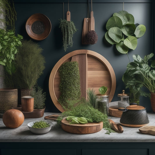A stylized, modern kitchen backdrop with a large, circular wooden cutting board as the centerpiece, surrounded by 6-8 potted herbs of varying sizes and leafy textures, arranged artfully.