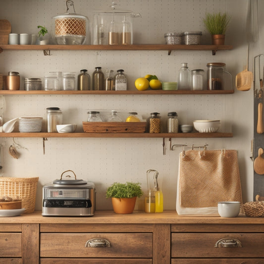 A tidy kitchen with repurposed containers, a pegboard with hanging utensils, a magnetic spice strip, and a sliding cabinet organizer, all in a warm, natural light with a touch of industrial chic.