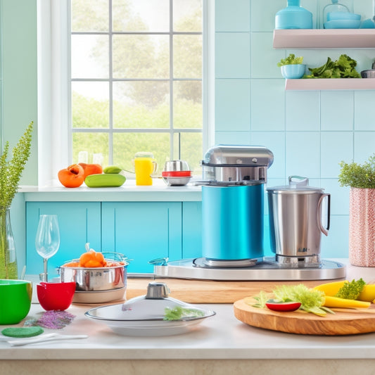 A bright, modern kitchen with a stainless steel counter, where a stand mixer, immersion blender, and instant pot are arranged in a triangular formation, surrounded by fresh ingredients and utensils.