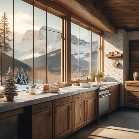 A serene, snow-capped French Alpine landscape with a rustic wooden chalet in the distance, surrounded by lush greenery, with a warm golden light spilling from the windows, evoking cozy kitchen magic.