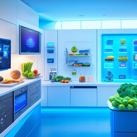 A futuristic, high-tech kitchen with a large touchscreen display showcasing a virtual instructor, surrounded by various food safety icons, utensils, and fresh produce, with a subtle background gradient of blues and whites.