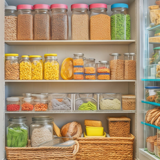 A colorful, organized pantry with clear glass jars and baskets, showcasing a variety of special diet-friendly foods, including gluten-free bread, vegan snacks, and sugar-free treats.