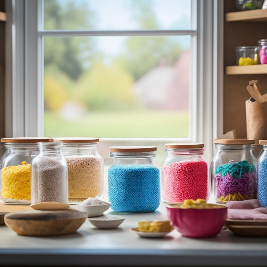 A vibrant kitchen scene featuring elegant, stackable glass containers filled with colorful baking supplies like flour, sugar, and sprinkles, set against a rustic wooden countertop and soft natural light streaming through a window.