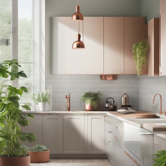 A sleek, modern kitchen featuring a wooden hanging pot rack adorned with shiny copper pots, minimalist white cabinetry, and subtle greenery, all bathed in natural light from a large window.
