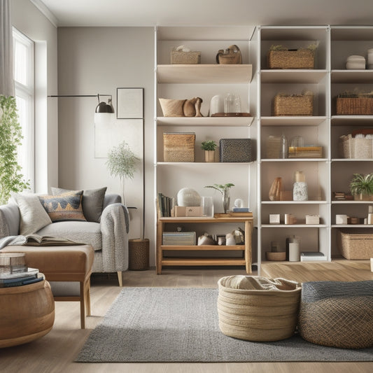A tidy, modern living room with a wall of floor-to-ceiling shelves, organized with baskets, bins, and labeled containers, surrounded by a calm and peaceful atmosphere.