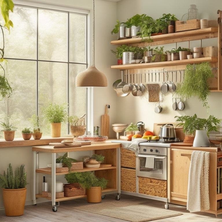 A bright, modern kitchen with open shelving, a pegboard with hanging utensils, a pull-out spice rack, and a cart with woven baskets, surrounded by lush greenery and warm natural light.