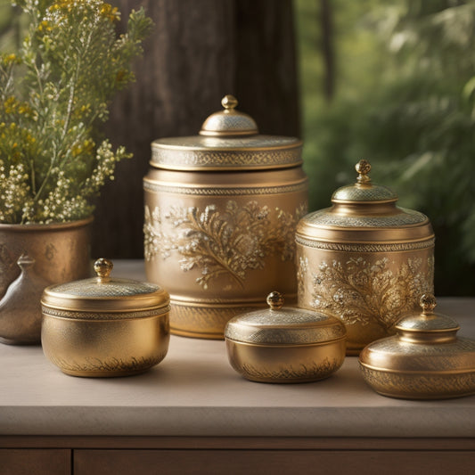 A warm, golden-lit still life featuring a set of five elegant, hand-painted ceramic canisters with ornate lids, arranged artfully on a rustic wooden table or shelf, surrounded by lush greenery.